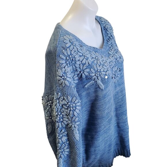 Soft Surroundings Blue Embroidered Floral Cotton Knit Sweater V-Neck Size Med - Picture 4 of 12